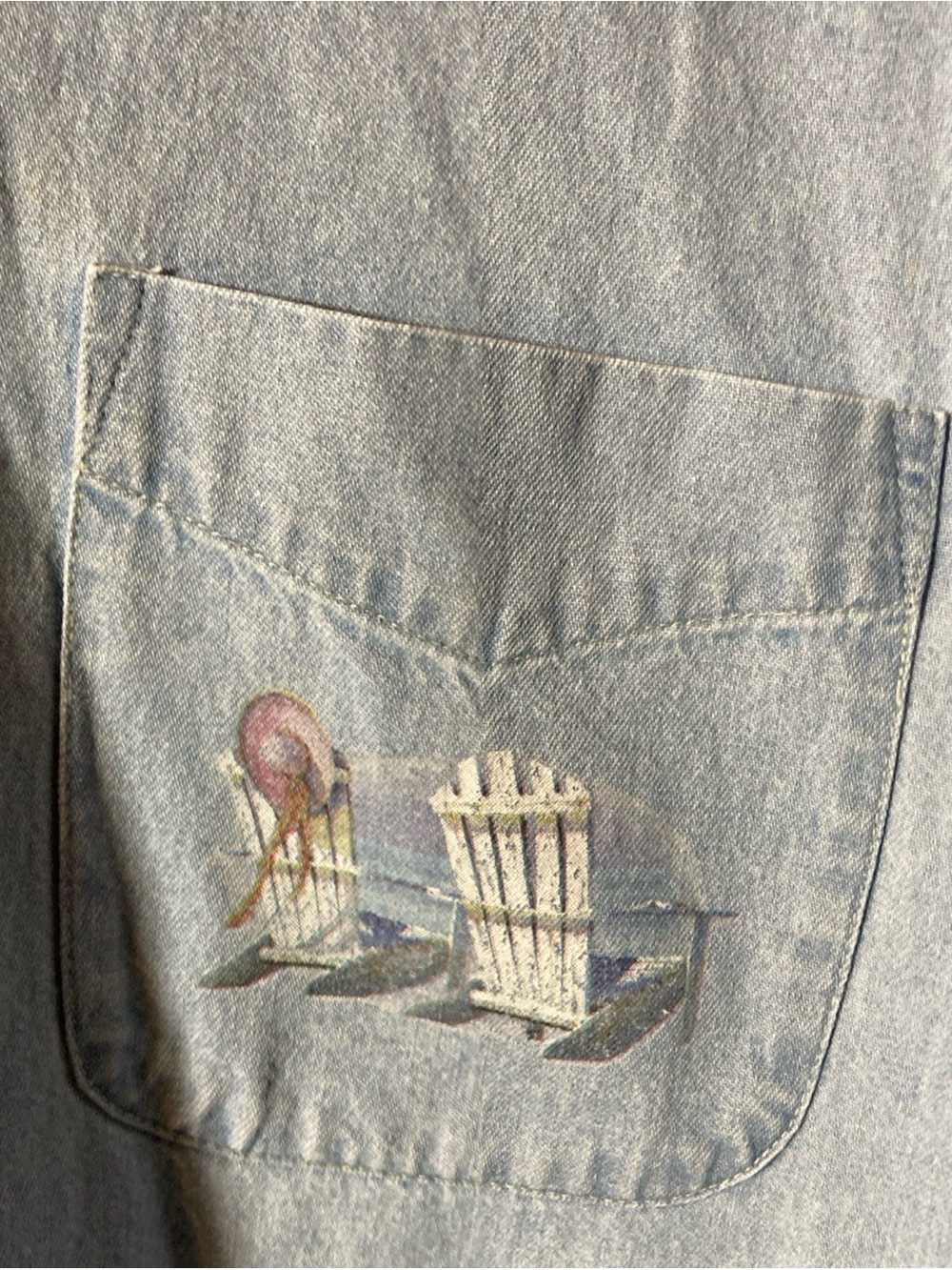 Jerzees Grandmacore Denim Shirt Beach Printed Pocket Sz M Light Wash Y2K Cotton